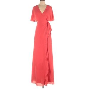H by Halston Poppy Coral V-Neck Short Sleeve Ruffle Maxi Wrap Dress X-Small